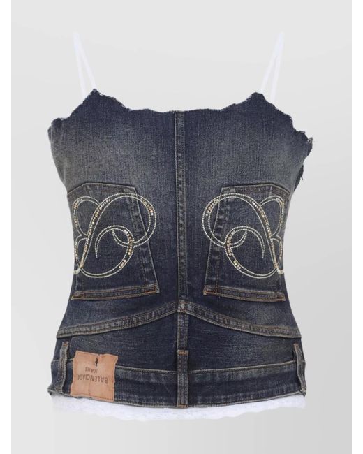 Balenciaga Blue Denim Patched Rhinestone-Embellished Tank Top