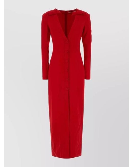 Alessandra Rich Red Cady Midi Dress Fitted V Neckline Long Sleeves