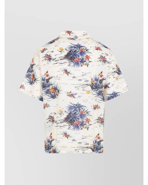 Prada White Floral-Print Bowling-Collar Short-Sleeve Shirt for men