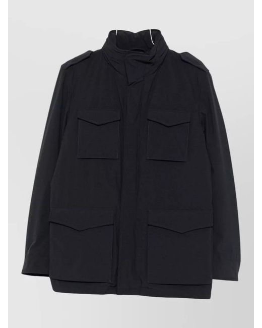 Herno Blue Parka Jacket High Collar Epaulettes Pockets for men