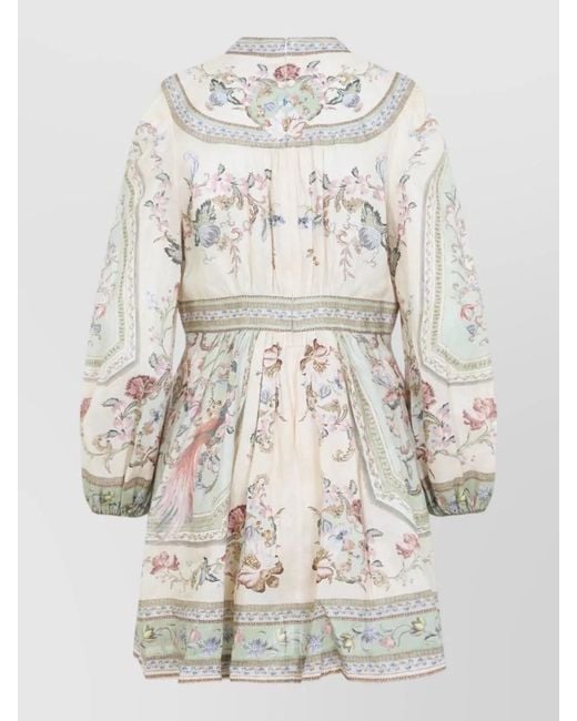 Zimmermann White Linen Floral-Print Plunge Long-Sleeve Mini Dress