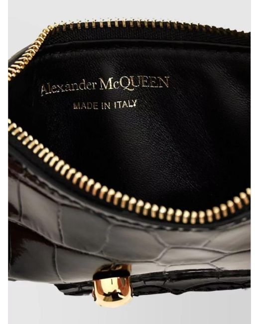 McQueen Black Calf Leather Crocodile-Effect Skull Zip Card Holder