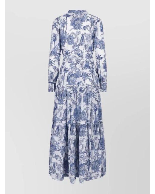 Mc2 Saint Barth Blue Printed Dress Belted Waist Long Sleeves