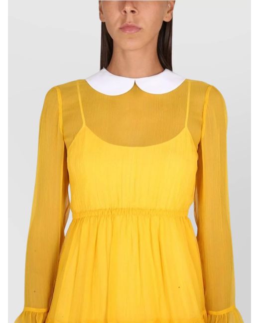 Gucci Yellow Silk Crepe Semi-Sheer Layered Bib-Collar Long-Sleeve Mini Dress
