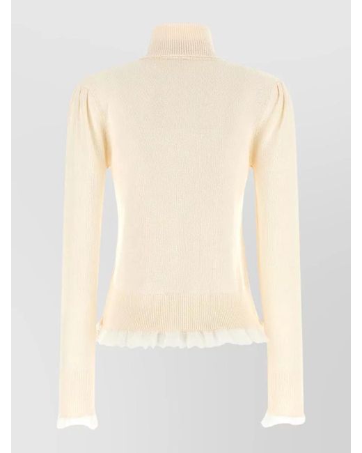 Ganni White Merino Wool Ribbed Turtleneck Lace Trim Sweater
