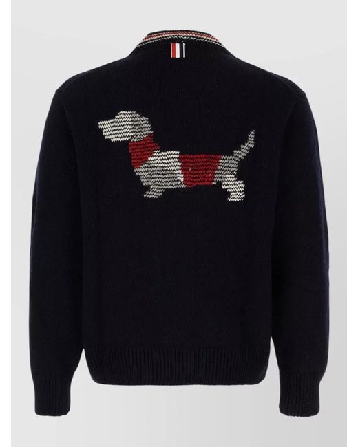 Thom Browne Blue Wool Blend Cardigan Dog Motif V Neck for men