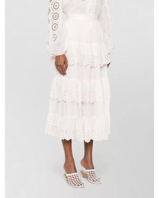 Zimmermann Natural Embroidered Tiered High Rise Midi Skirt