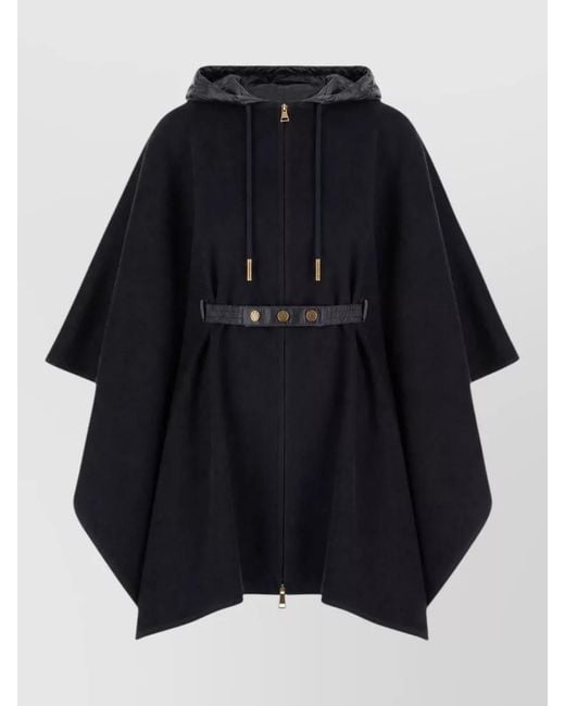 Moncler Blue Hooded Cape Coat Belted Waist Buttons