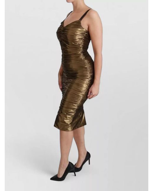 Dolce & Gabbana Green Silk Sweetheart Neck Ruched Midi Dress