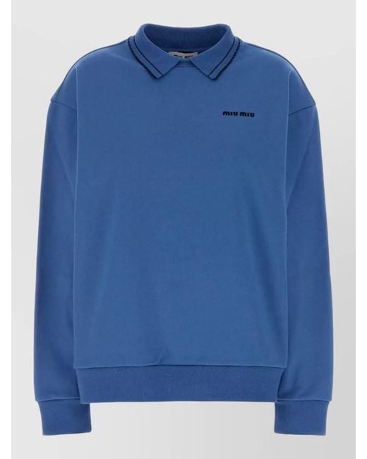 Miu Miu Blue Cotton Oversized Polo Shirt Ribbed Cuffs Hem