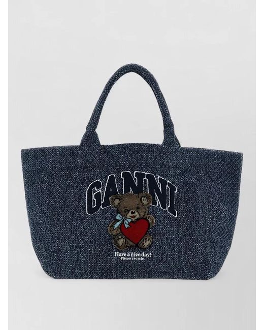 Ganni Blue Medium Tote Bag Teddy Bear Motif