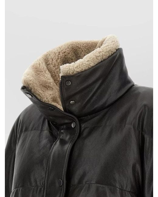Brunello Cucinelli Black Padded Leather Jacket High Collar Sleeves