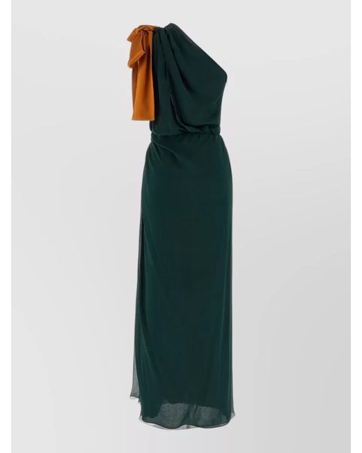 Saint Laurent Green One Shoulder Floor Length Dress Bow