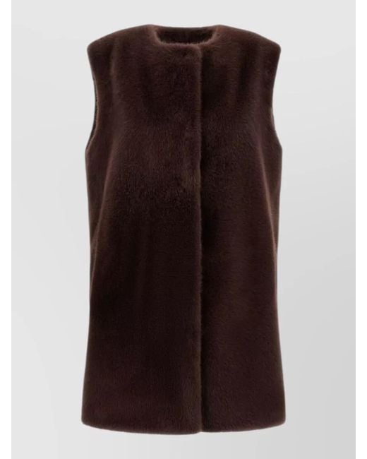 Herno Brown Sleeveless Mid Length Faux Fur Nylon Silk Coat