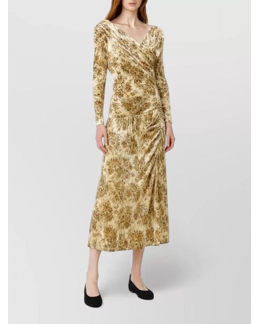 Ganni Metallic Long Dress Asymmetric Neckline Floral Pattern