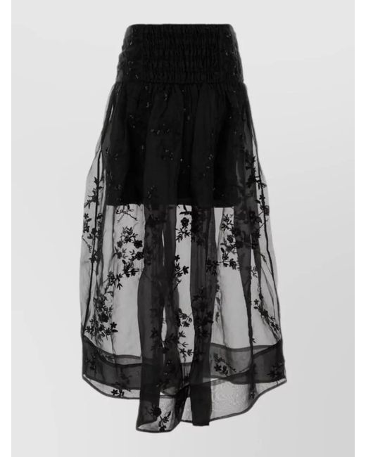 Ganni Black Organza Skirt Elastic Waistband Floral Embroidery Sheer
