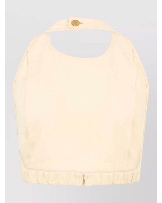 LeKasha Natural Short Cotton Top High Neck Ruched Hem