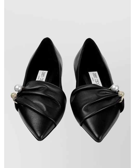 Jimmy Choo Black Raffia Pointed Toe Ballerina Loafers Embellished