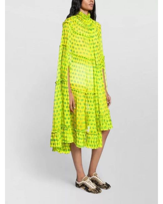 Dries Van Noten Yellow Silk Polka-Dot Ruffled High-Neck Midi Dress