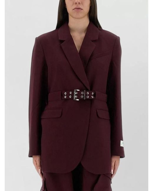 Ganni Red Crepe Blazer Belted Waist Long Sleeves