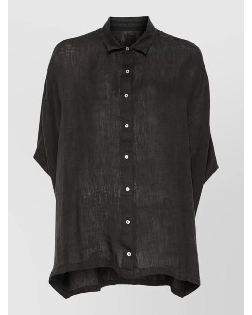 120% Lino Black Short Sleeve Shirt Collared Neck Loose Fit