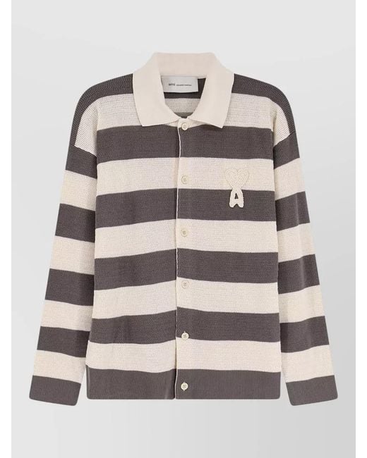 AMI Gray Ami De Coeur Striped Cotton Cardigan for men