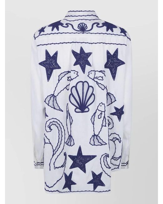 Farm Rio Blue Fish Shell Star Embroidered Long Sleeve Shirt