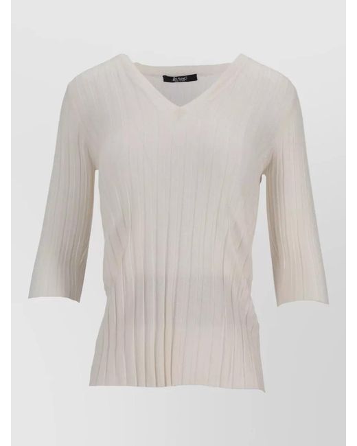 LA ROSE White V Neck Cashmere Silk Knit Top