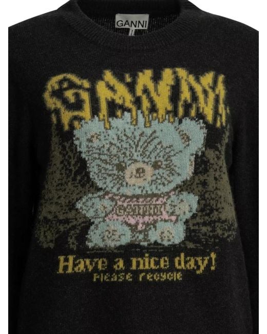 Ganni Black Teddy Crew Neck Sweater Graphic Design