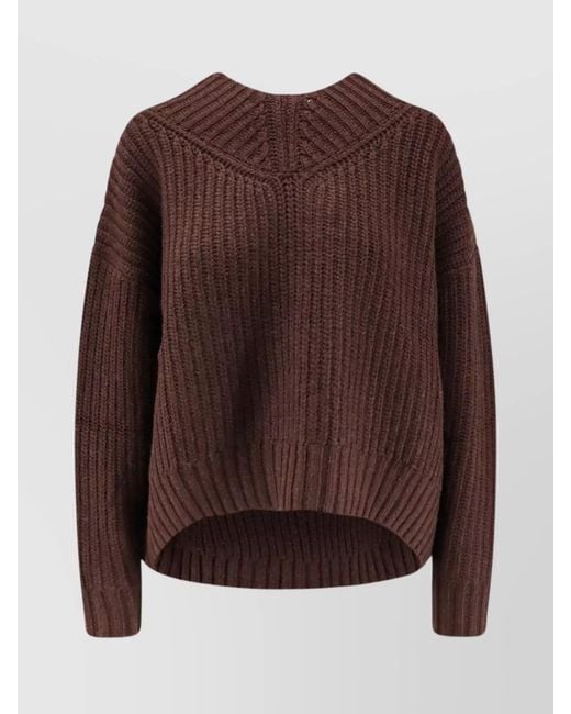 Staud Brown Wool Ribbed V-Neck Asymmetric Hem Sweater