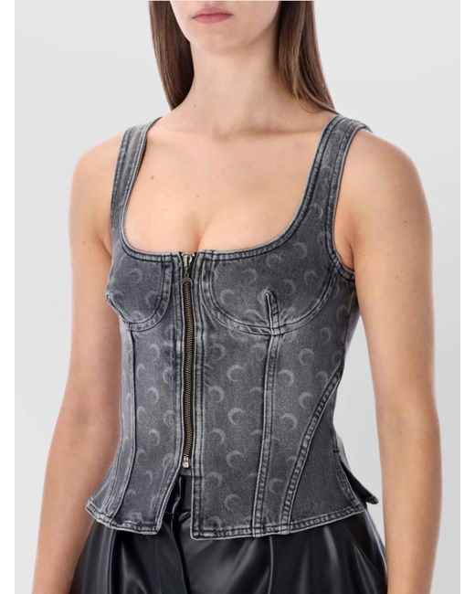 MARINE SERRE Blue Denim Moon-Print Bustier Top
