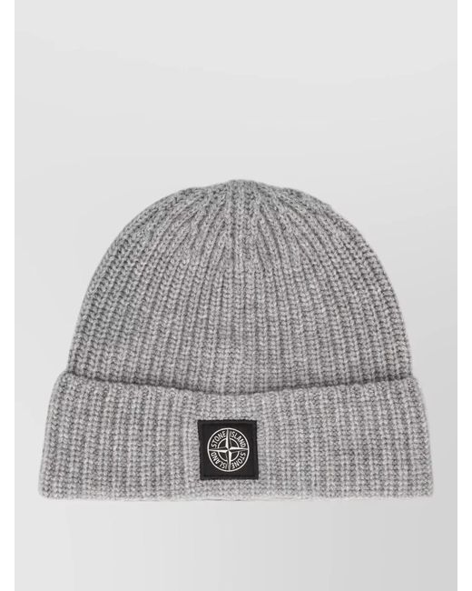 Stone Island Gray Logo Knit Beanie Hat Casual Cuff for men