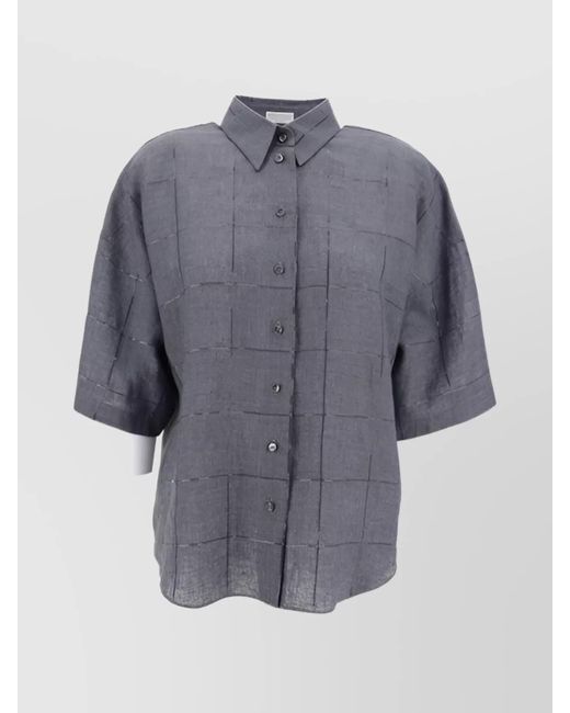 Brunello Cucinelli Blue Sequin Applique Checked Collared Shirt