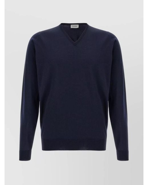 John Smedley Blue V-Neck Sweater With Ribbed Cuffs And Hem for men