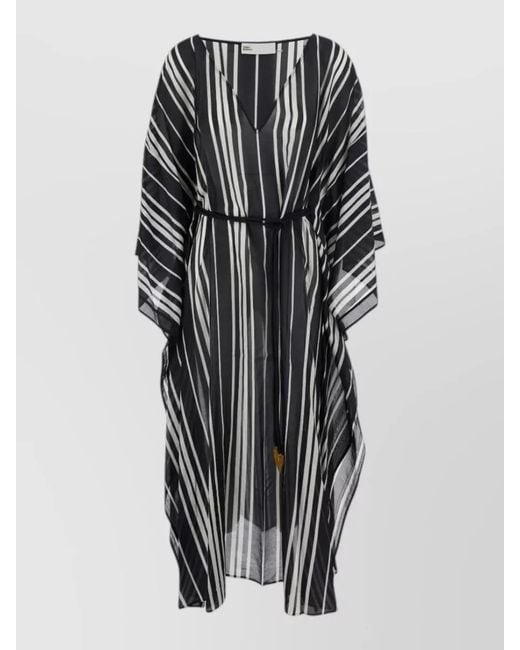Tory Burch Multicolor Silk Kaftan Dress Striped Waist Tie Neckline