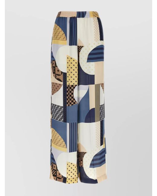 Fendi Blue Silk Patchwork Print Wide-Leg Trousers