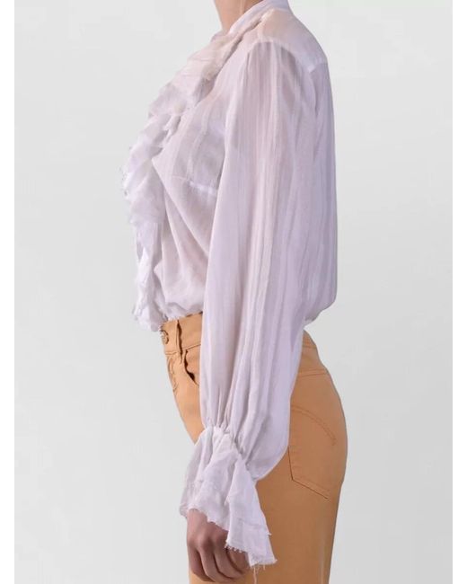 Dondup White Long Sleeve Shirt Sheer Fabric Tie Neck