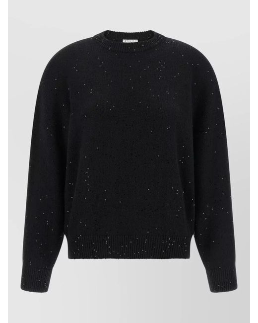 Brunello Cucinelli Black Cashmere Silk Sequin Appliqué Crew Neck Long-Sleeve Sweater