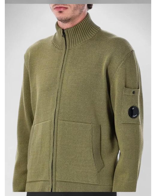 C P Company Green Cotton Knit Cardigan Ribbed Collar Cuffs Hem for men