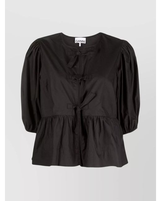 Ganni Black Cotton Peplum Blouse