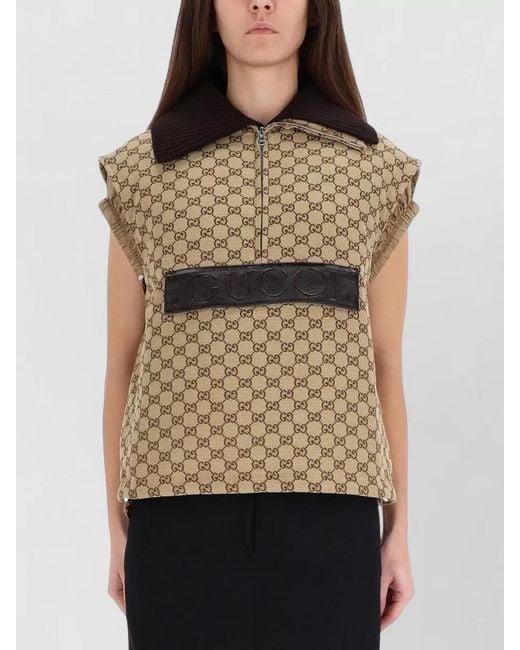 Gucci Brown Vest Contrast Collar Leather Label Detail