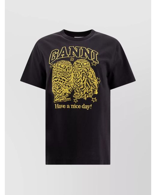 Ganni Black Owls Print Short-Sleeved T-Shirt