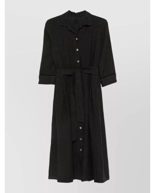 120% Lino Black Linen Dress Belted Waist Side Pockets