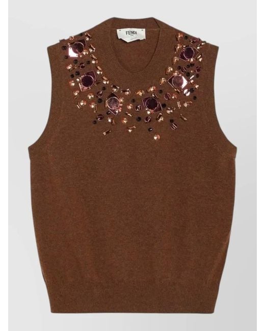 Fendi Brown Knit Top Sleeveless Embellished Neckline