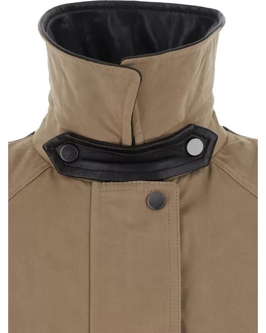 Brunello Cucinelli Brown High Collar Coat Front Pockets Leather Detail