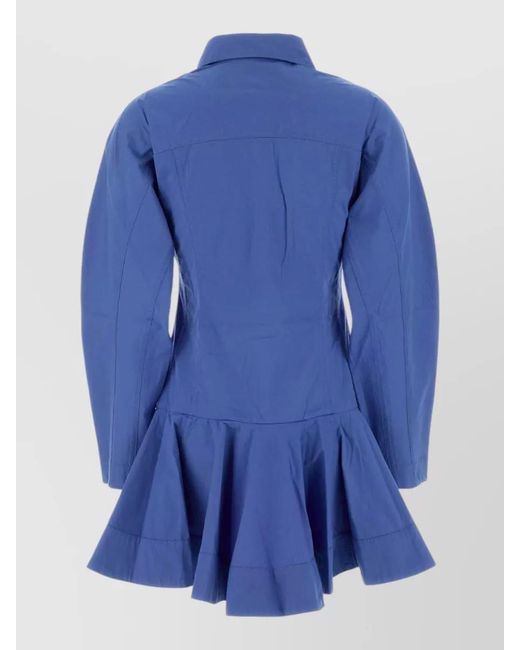 Ganni Blue Stretch Poplin Mini Shirt Dress Flared Hem