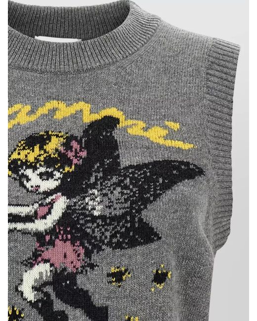 Ganni Gray Knit Top Crew Neck Graphic Print