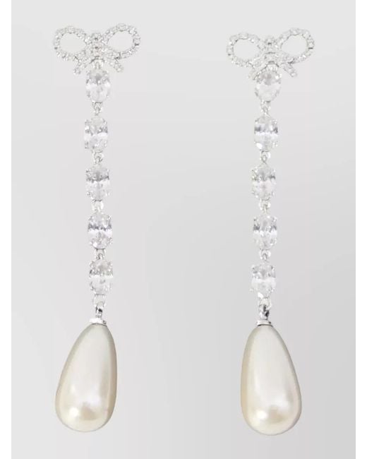 Self-Portrait White Crystal-Embellished Bow Pearl Drop Earrings