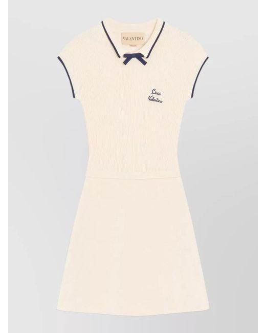Valentino Garavani Natural Ribbed Knit Bow Detail Knee-Length Dress