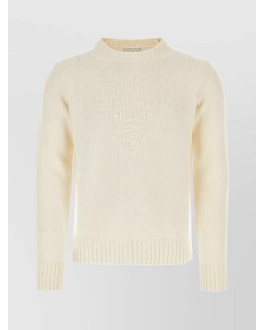 Prada White Cashmere Ribbed Crew-Neck Jumper for men